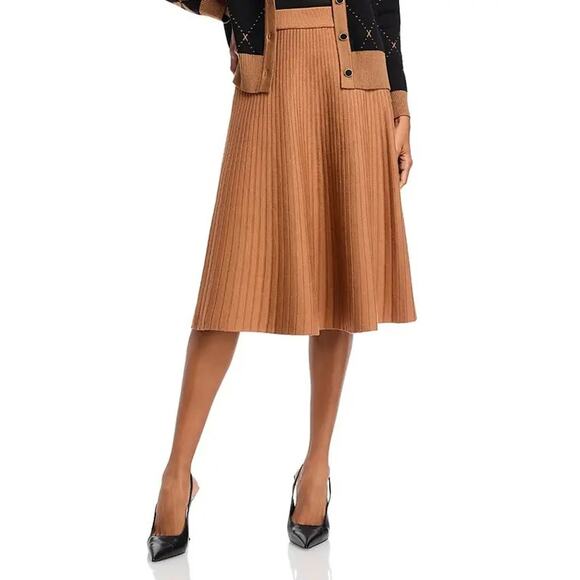 Nancy Yang Women Brown Rib Knit Cotton/Viscose Elegant A-line Midi Skirt Size M - Picture 1 of 6